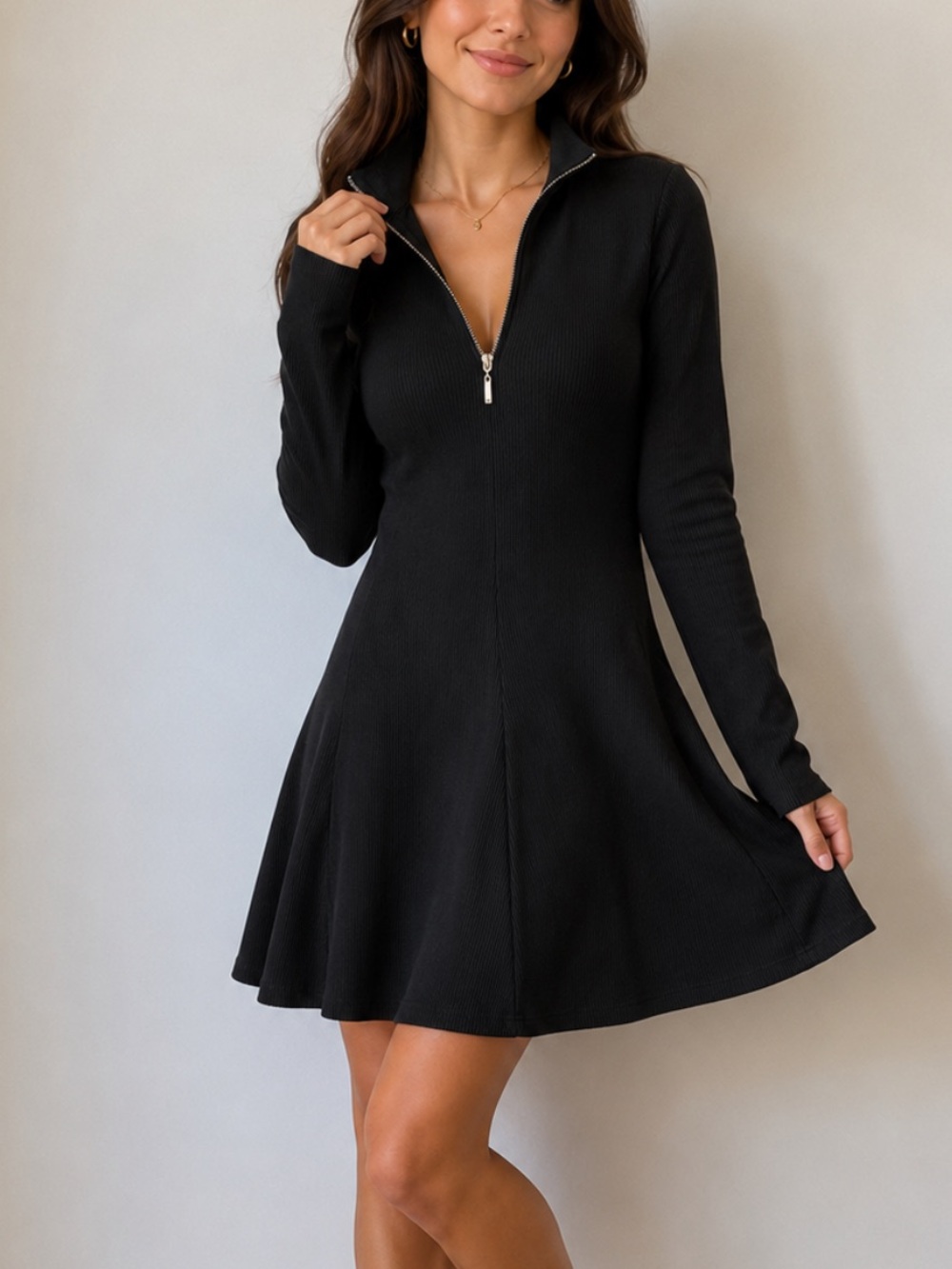 Zara Black Long-Sleeve Zip Skater Dress